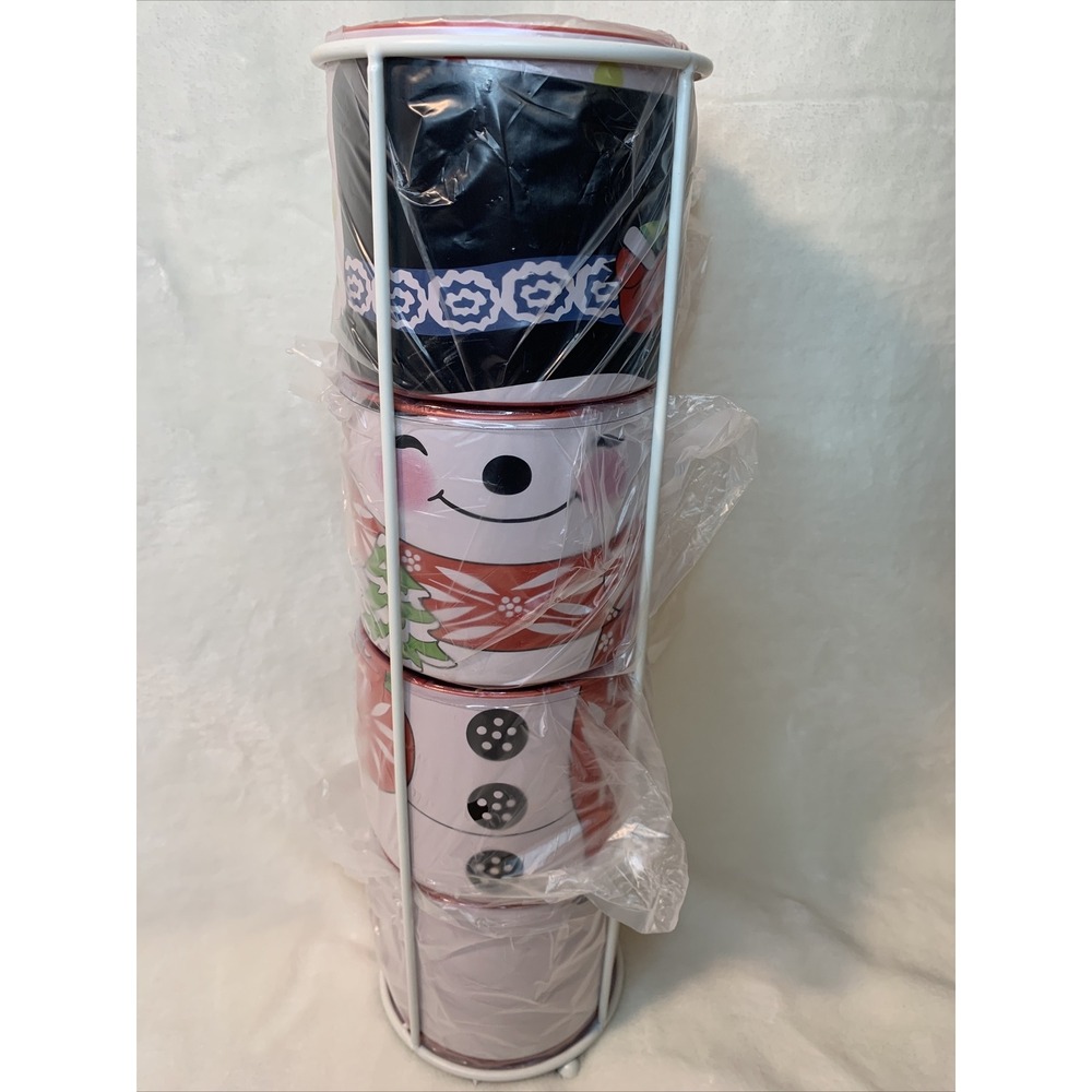 Temp-tations Set of 4‎ Winter Whimsy Stacking Mugs w/ Wire Stand in Snowman NEW